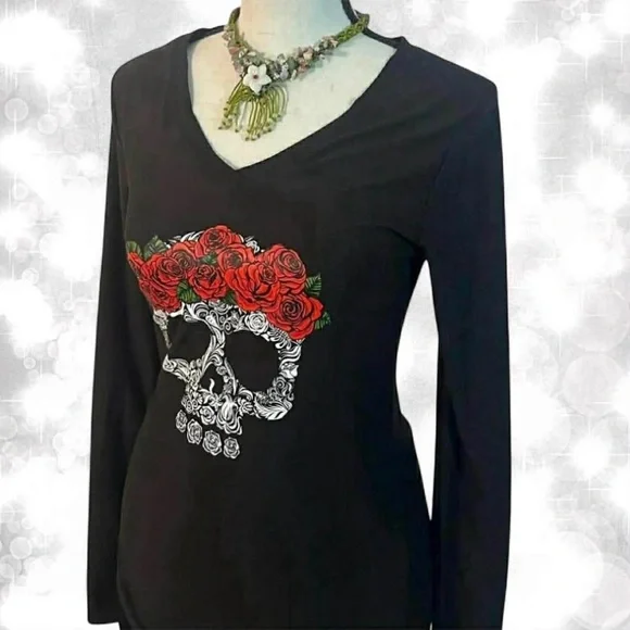 Whimsygoth Black Rose Skull Graphic Long Sleeve Top - Picture 2 of 7